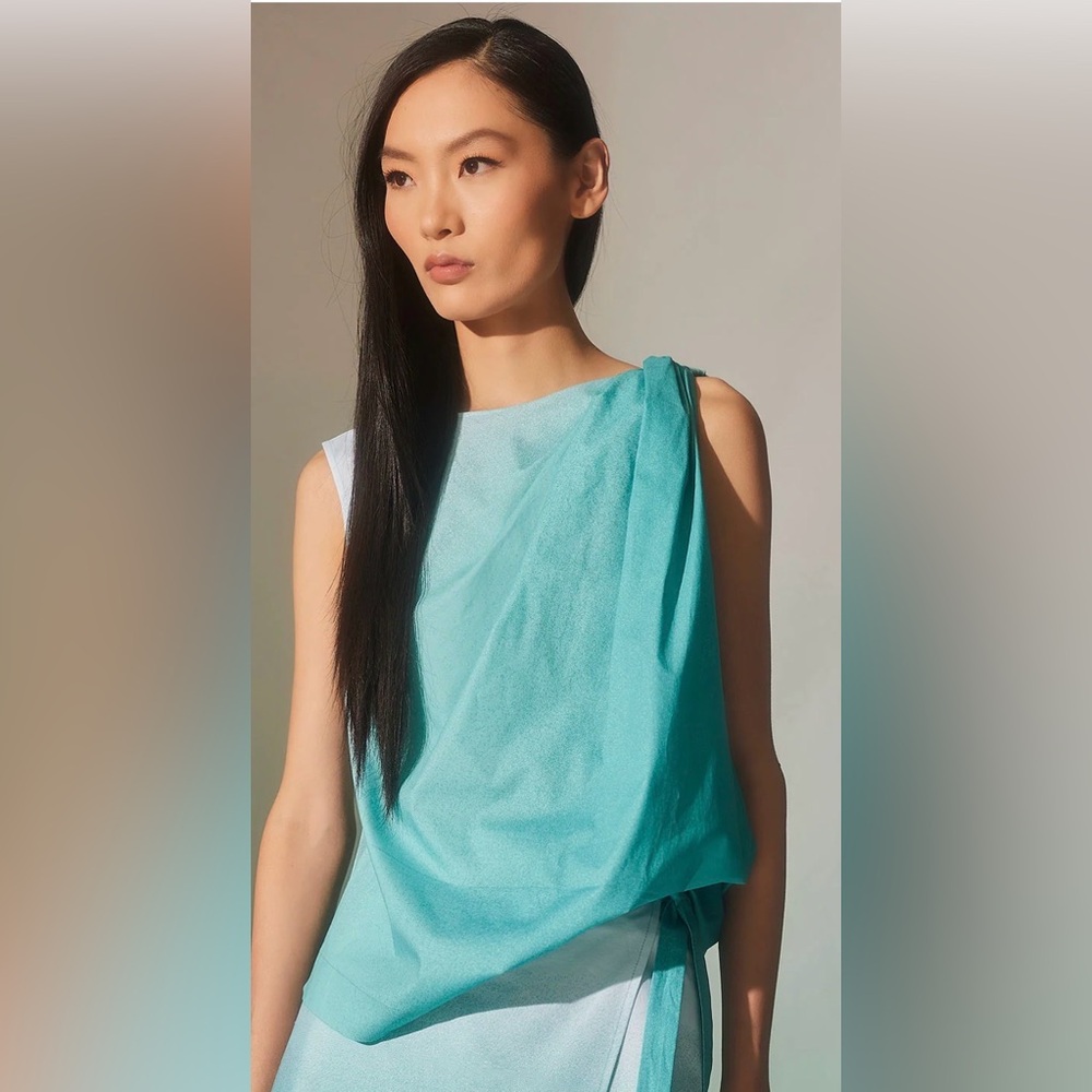 Natori Turquoise Cotton Draped Blouse